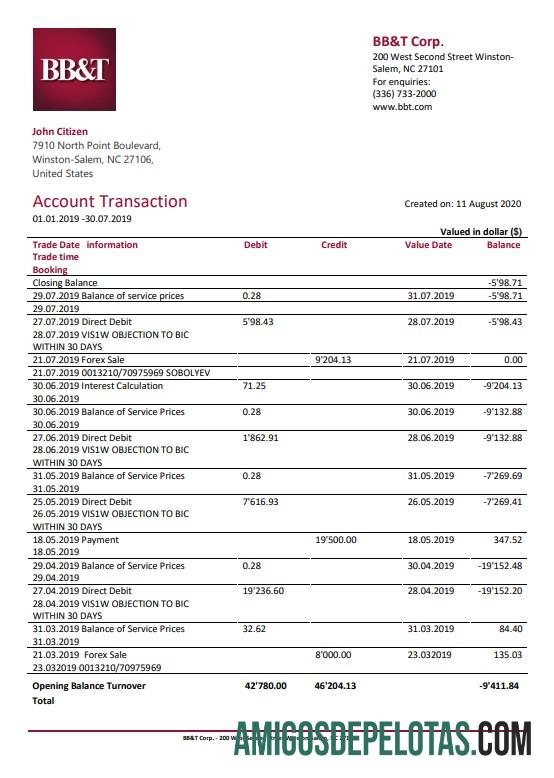 modelo de extrato bancário para impressão nos EUA Carolina do Norte BB&T Corp. em formato Word e PDF